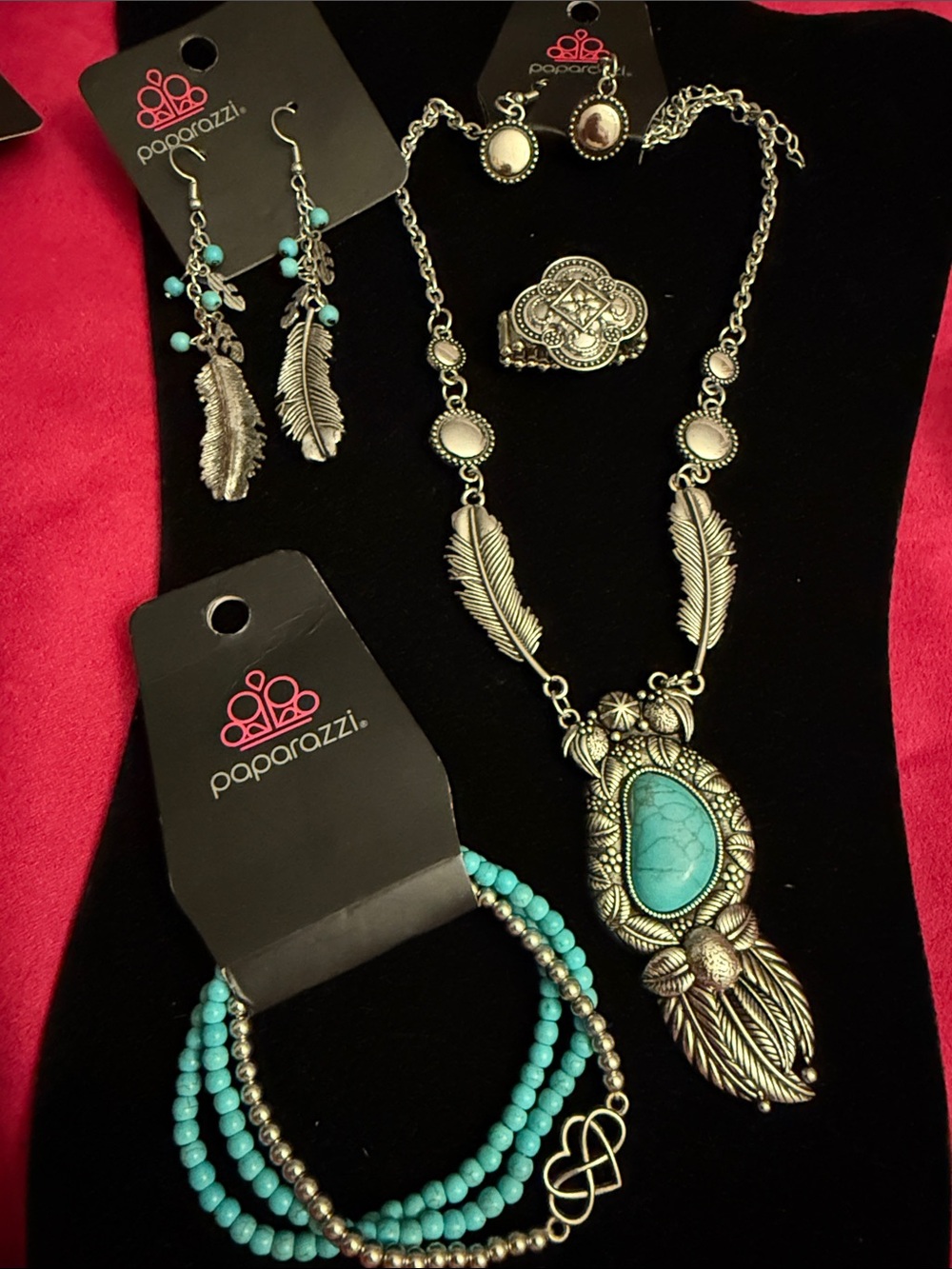 Paparazzi Turquoise Feather Statement Necklace and Bracelet Set